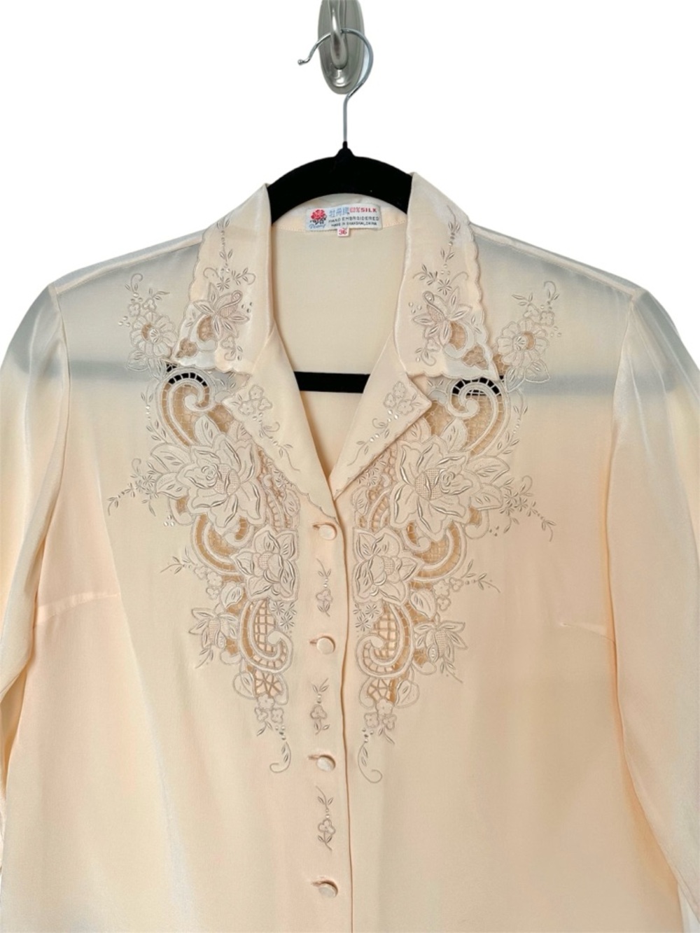 Vintage 100% Silk Embroidered Lace Cutout Blouse Feminine Prairiecore Romantic - Picture 3 of 12